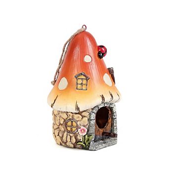Mushroom Birdhouse with Orange Roof and Beetle: Perfect for Bluebirds and Finches, Garden Decor