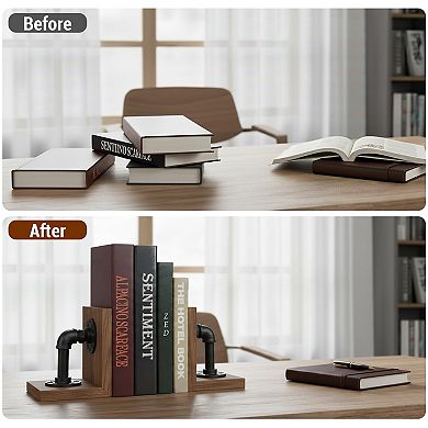Rustic Industrial Pipe Bookends: Heavy Duty, Sturdy L-Shaped Design for Modern Farmhouse
