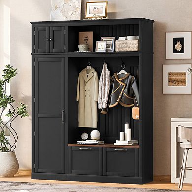 Merax 3-in-1 Hall Tree with Overhead Storage, Adjustable Shelves, Hooks, Drawers & Bench