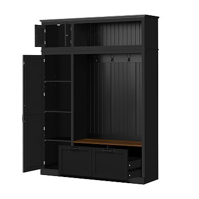 Merax 3-in-1 Hall Tree with Overhead Storage, Adjustable Shelves, Hooks, Drawers & Bench