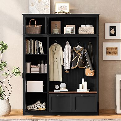 Merax 3-in-1 Hall Tree with Overhead Storage, Adjustable Shelves, Hooks, Drawers & Bench