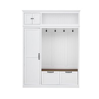 Merax 3-in-1 Hall Tree with Overhead Storage, Adjustable Shelves, Hooks, Drawers & Bench