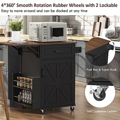 Merax 39.3" Farmhouse Kitchen Island with Drop Leaf, Kitchen Storage Island with Open Side Rack