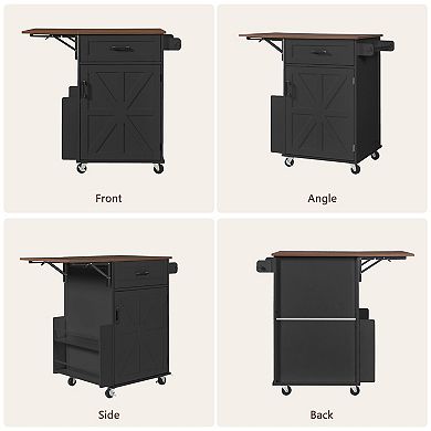 Merax 39.3" Farmhouse Kitchen Island with Drop Leaf, Kitchen Storage Island with Open Side Rack