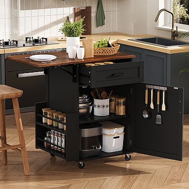 Merax 39.3" Farmhouse Kitchen Island with Drop Leaf, Kitchen Storage Island with Open Side Rack