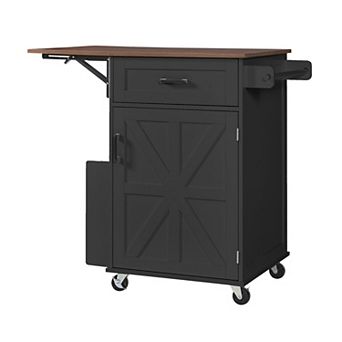 Merax 39.3" Farmhouse Kitchen Island with Drop Leaf, Kitchen Storage Island with Open Side Rack