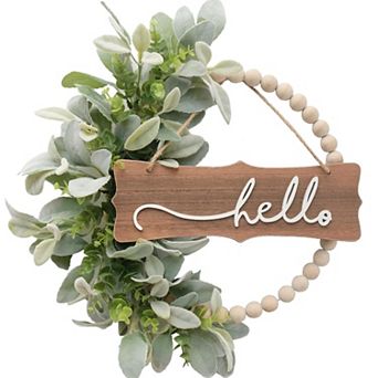 Wood Bead Wreath with Green Leaves and Welcome Sign: Farmhouse Decor for Front Door, Windows, Walls