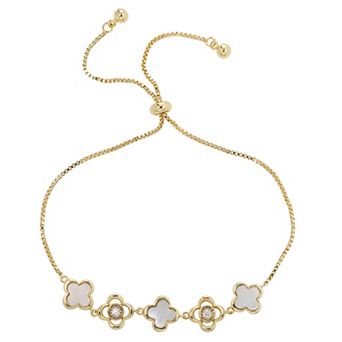 City Luxe Gold Tone Mother-of-Pearl & Cubic Zirconia Clover Bolo Bracelet