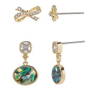 City Luxe Gold Tone Abalone & Cubic Zirconia Bow & Drop Nickel Free Earring Set