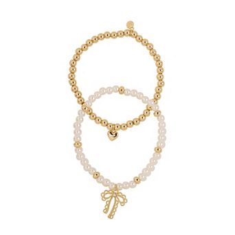 LC Lauren Conrad Gold Tone Hearts & Bows 2 pc Beaded Stretch Bracelet Set
