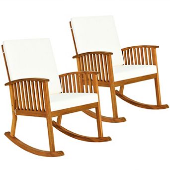 Costway Acacia Wood Rocking Chair Patio Garden Lawn W/ Cushion