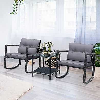 Costway 3PCS Patio Rattan Furniture Set Rocking Chairs Cushioned Sofa