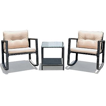 Costway 3 pc Patio Rattan Furniture Set Rocking Chairs Cushioned Sofa