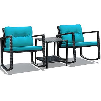 Costway 3 pc Patio Rattan Furniture Set Rocking Chairs Cushioned Sofa