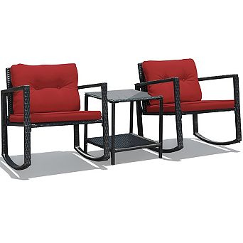 Costway 3 pc Patio Rattan Furniture Set Rocking Chairs Cushioned Sofa