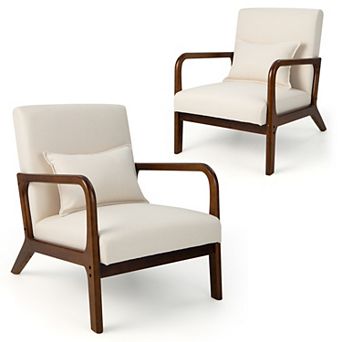 Costway Set Accent Chairs Leisure Armchair with Rubber Wood Frame&Lumbar Pillow