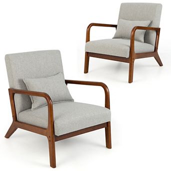 Costway Set Accent Chairs Leisure Armchair with Rubber Wood Frame&Lumbar Pillow