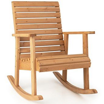 Costway Patio Wooden Rocking Chair High Back Fir Wood Armchair Garden Yard