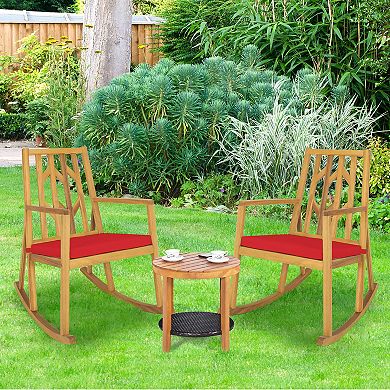 Costway 2 PCS Patio Rocking Chair Acacia Wood Armrest Cushioned Sofa Garden