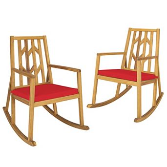 Costway 2 pc Patio Rocking Chair Acacia Wood Armrest Cushioned Sofa Garden