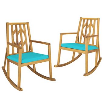 Costway 2 pc Patio Rocking Chair Acacia Wood Armrest Cushioned Sofa Garden