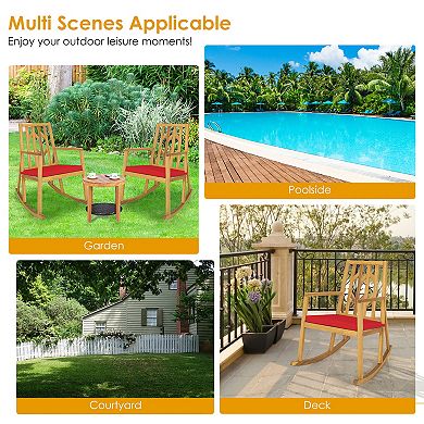 Costway Patio Rocking Chair Acacia Wood Armrest Cushioned Sofa Garden Deck