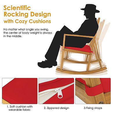 Costway Patio Rocking Chair Acacia Wood Armrest Cushioned Sofa Garden Deck