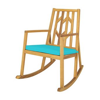 Costway Patio Rocking Chair Acacia Wood Armrest Cushioned Sofa Garden Deck