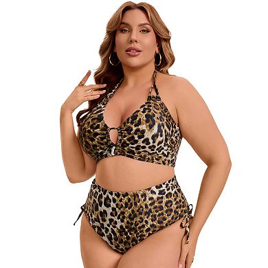 2 Packs Women's Plus Size Swimsuit High Waist Tummy Control Leopard Print & Floral Pattern Swimwear