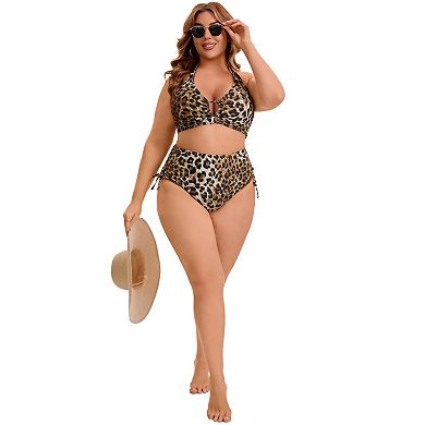 2 Packs Women's Plus Size Swimsuit High Waist Tummy Control Leopard Print & Floral Pattern Swimwear