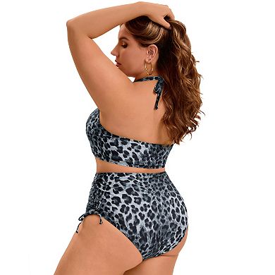 2 Packs Women's Plus Size Swimsuit High Waist Tummy Control Leopard Print & Floral Pattern Swimwear