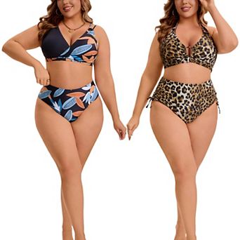 2 Packs Women's Plus Size Swimsuit High Waist Tummy Control Leopard Print & Floral Pattern Swimwear