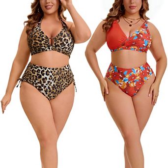 2 Packs Women's Plus Size Swimsuit High Waist Tummy Control Leopard Print & Floral Pattern Swimwear