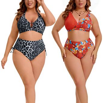 2 Packs Women's Plus Size Swimsuit High Waist Tummy Control Leopard Print & Floral Pattern Swimwear