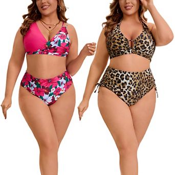 2 Packs Women's Plus Size Swimsuit High Waist Tummy Control Leopard Print & Floral Pattern Swimwear