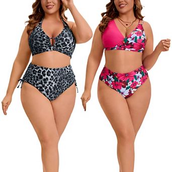 2 Packs Women's Plus Size Swimsuit High Waist Tummy Control Leopard Print & Floral Pattern Swimwear
