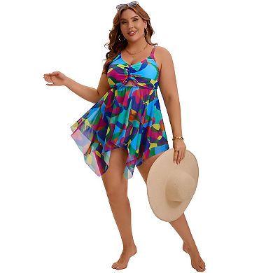 2 Packs Women's Plus Size Swimsuit Cutout Drawstring Flowy Tankini Top with Bottom