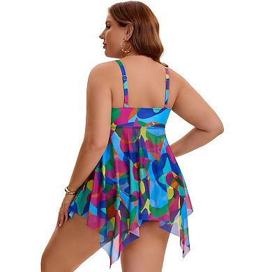 2 Packs Women's Plus Size Swimsuit Cutout Drawstring Flowy Tankini Top with Bottom