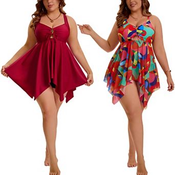2 Packs Women's Plus Size Swimsuit Cutout Drawstring Flowy Tankini Top with Bottom