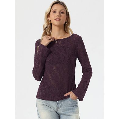 Jacquard Blouse for Women's Boat Neck Long Sleeve Fall Sheer Knit Top