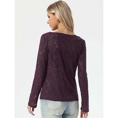 Jacquard Blouse for Women's Boat Neck Long Sleeve Fall Sheer Knit Top