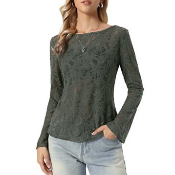 Jacquard Blouse for Women's Boat Neck Long Sleeve Fall Sheer Knit Top