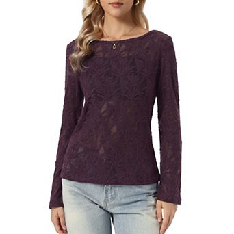 Jacquard Blouse for Women's Boat Neck Long Sleeve Fall Sheer Knit Top