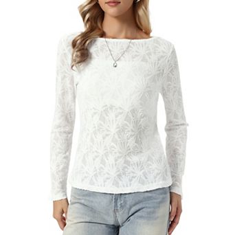 Jacquard Blouse for Women's Boat Neck Long Sleeve Fall Sheer Knit Top