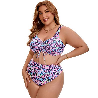 2 Packs Women's Plus Size Swimsuits, Cut Out Shirring Swimsuit & Pattern Drawstring Swimsuit Sets