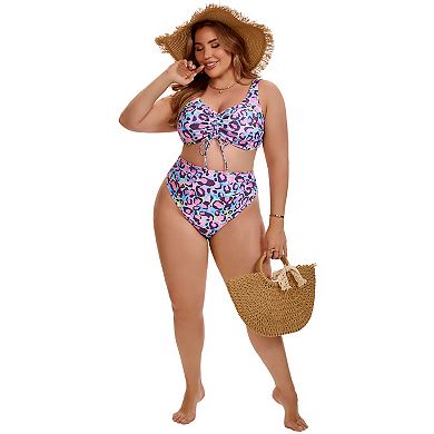 2 Packs Women's Plus Size Swimsuits, Cut Out Shirring Swimsuit & Pattern Drawstring Swimsuit Sets