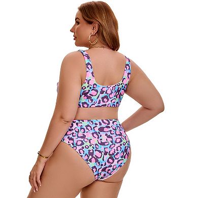 2 Packs Women's Plus Size Swimsuits, Cut Out Shirring Swimsuit & Pattern Drawstring Swimsuit Sets