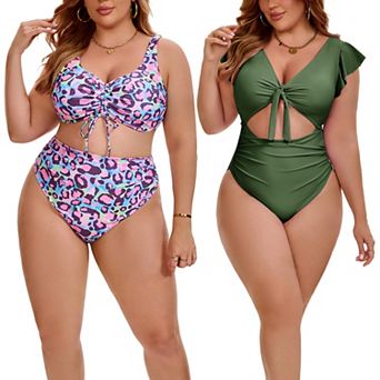 2 Packs Women's Plus Size Swimsuits, Cut Out Shirring Swimsuit & Pattern Drawstring Swimsuit Sets