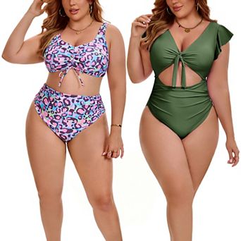 2 Packs Women's Plus Size Swimsuits, Cut Out Shirring Swimsuit & Pattern Drawstring Swimsuit Sets
