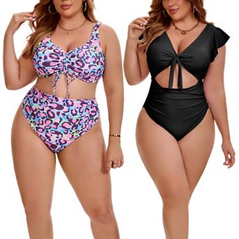 2 Packs Women's Plus Size Swimsuits, Cut Out Shirring Swimsuit & Pattern Drawstring Swimsuit Sets
